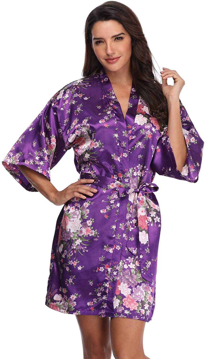 Women'S Floral Short Satin Bridesmaid Robes Silky Bride Robes Getting Ready Apparel & Accessories > Clothing > Sleepwear & Loungewear > Robes Super Shopping-zone   