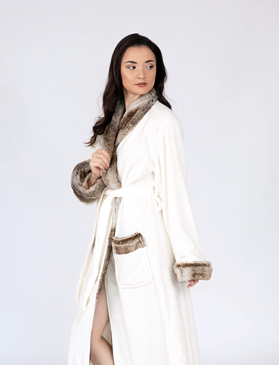 Chic Home Belgian Robe Cozy Super Soft Ultra Plush Faux Fur Fleece Sherpa Trim with 2 Pockets and Belt, 50 X 44, Brown Apparel & Accessories > Clothing > Sleepwear & Loungewear > Robes Chic Home   