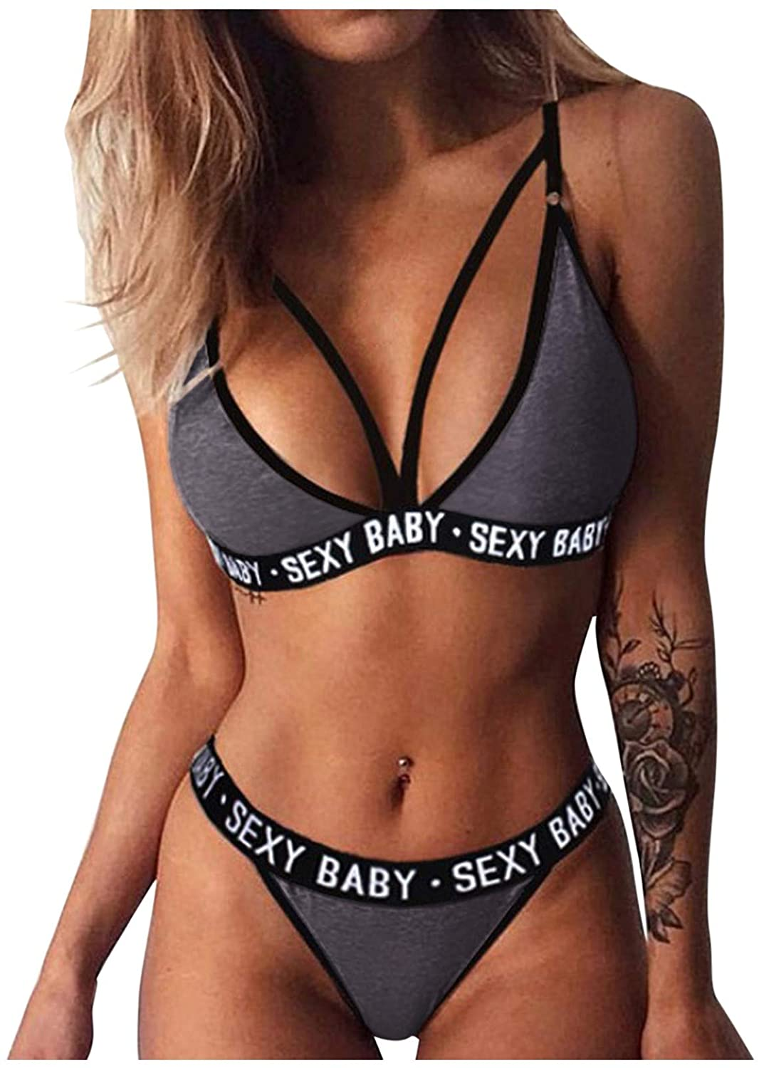 Plus Size Bra and Panty Sets for Women, Push up Sexy Strappy Letters Sports Bras G-String Thong Bikini Matching Sets Apparel & Accessories > Clothing > Underwear & Socks > Lingerie N\C   