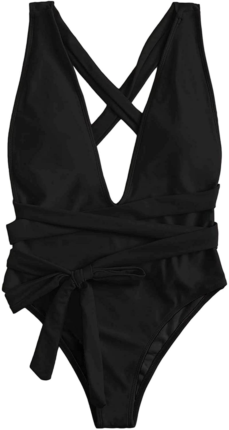 Lilosy Sexy Self Tie Criss Cross Plunge Backless High Cut Thong One Piece Swimsuit for Women Padded Bathing Suit Bikini Apparel & Accessories > Clothing > Swimwear Kylie Max   