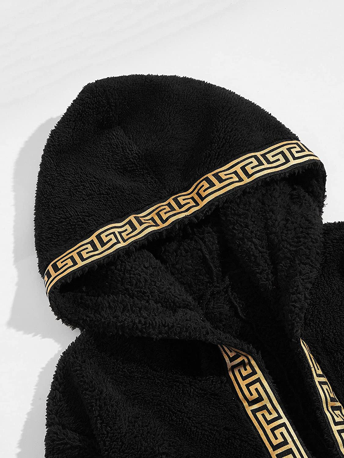 Romwe Men'S Hooded Fleece Robe Greek Tape Panel Belted Bathrobe Spa Sleepwear Apparel & Accessories > Clothing > Sleepwear & Loungewear > Robes Kylie Max   