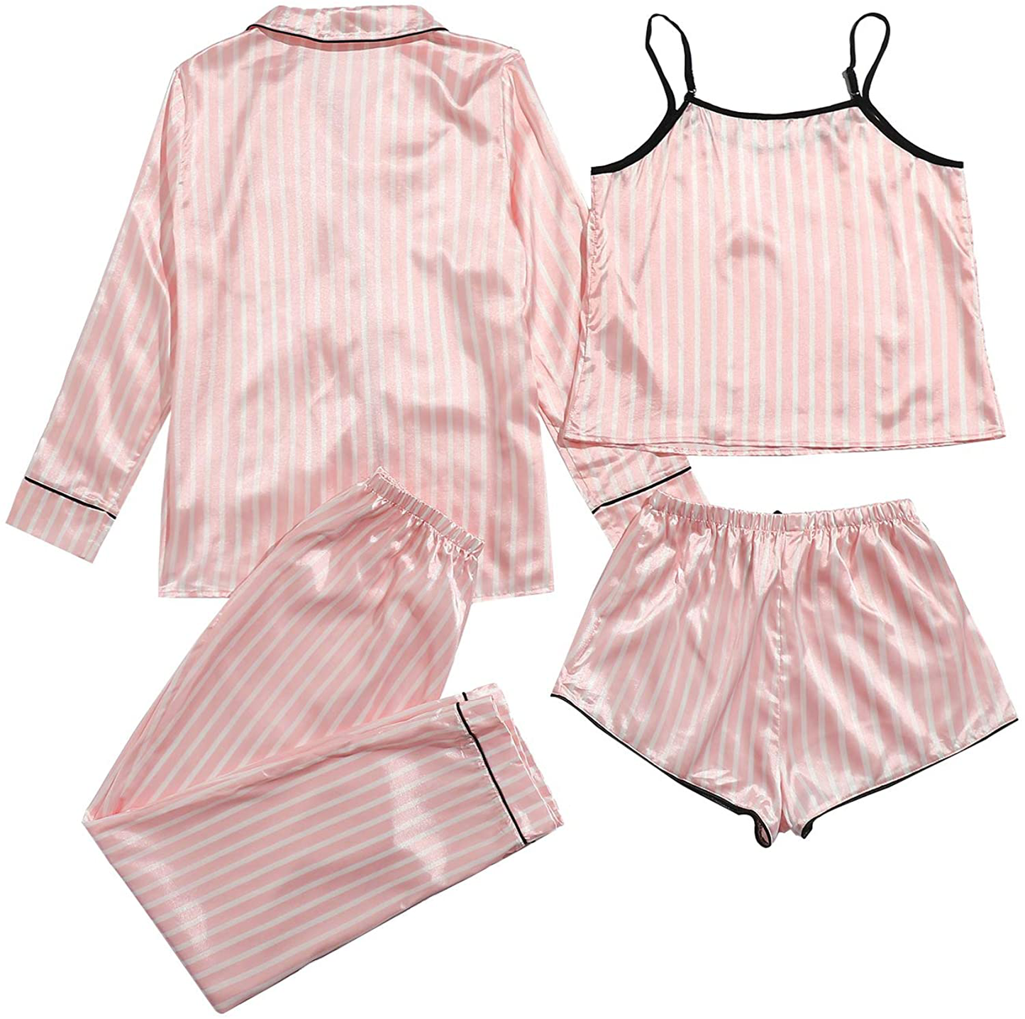 WDIRARA Women'S Silk Satin Pajama Set 4 Pieces Sleepwear Loungewear Pj Sets Apparel & Accessories > Clothing > Sleepwear & Loungewear Kylie Max   