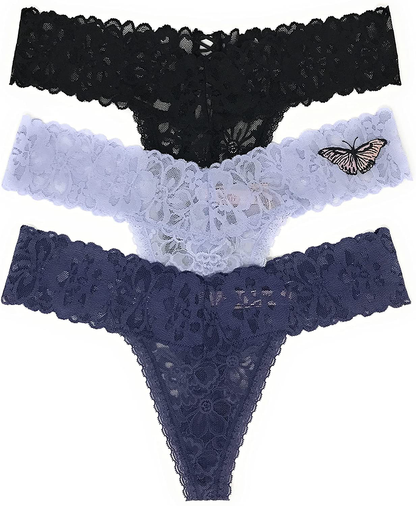 Victoria's Secret The Lacie Thong Panty Set of 3 Apparel & Accessories > Clothing > Underwear & Socks > Underwear Victoria's Secret Black Cross / Ice Butterfly / Denim Medium 