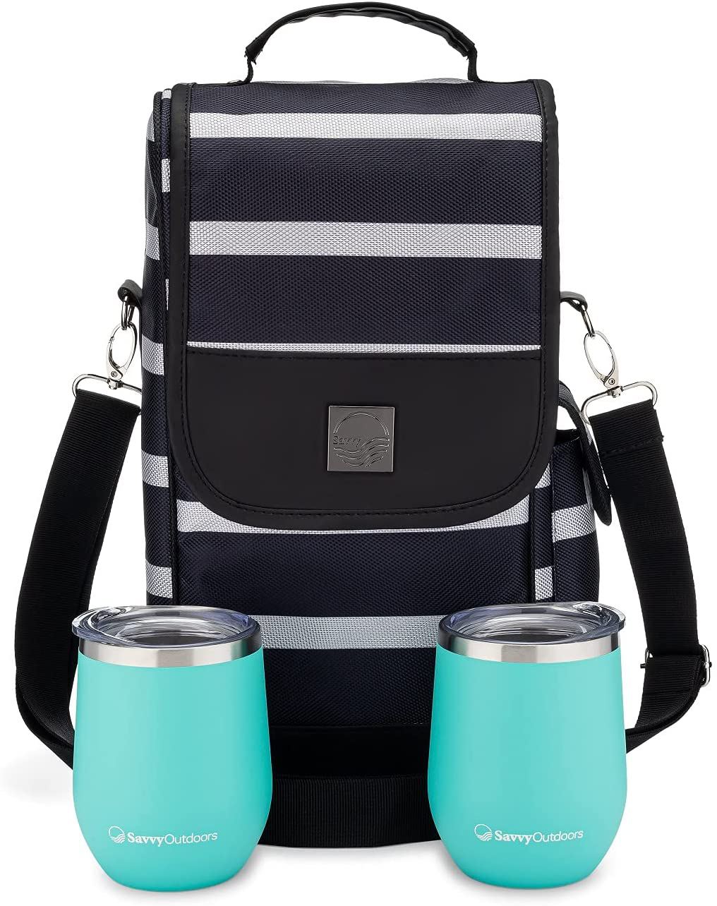 One Savvy Girl Wine Tote Bag with Stainless Steel Stemless Wine Glasses - 2 Bottle Wine Carrier Purse - Perfect for Travel, Events, Beach, Pool, Picnic & More Arts & Entertainment > Party & Celebration > Gift Giving One Savvy Girl   