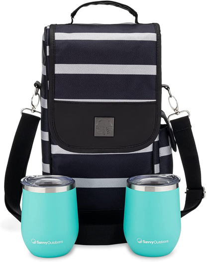 One Savvy Girl Wine Tote Bag with Stainless Steel Stemless Wine Glasses - 2 Bottle Wine Carrier Purse - Perfect for Travel, Events, Beach, Pool, Picnic & More Arts & Entertainment > Party & Celebration > Gift Giving One Savvy Girl   