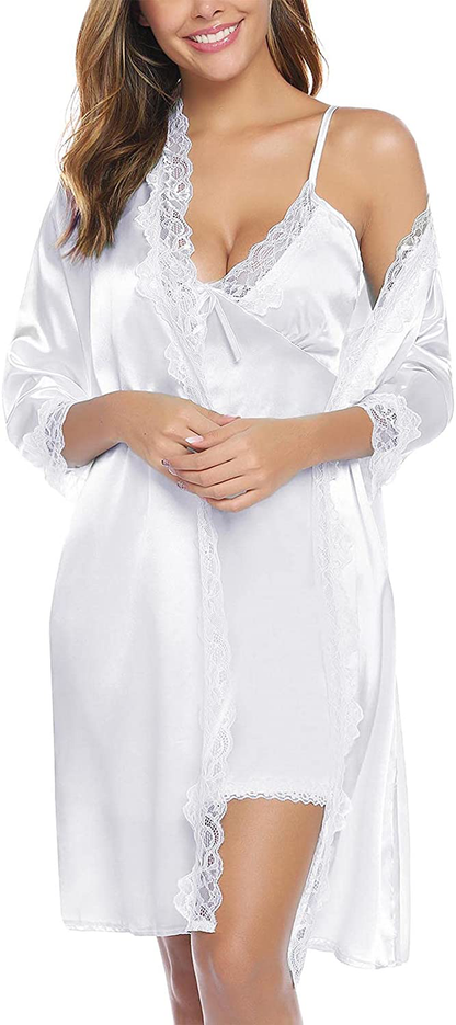Sykooria Sexy Satin Robes for Women Lace Pajamas Set 2 Piece Sleepwear Ladies Lingerie Nightgown for Bride Party Apparel & Accessories > Clothing > Sleepwear & Loungewear > Robes Sykooria A-white Large 