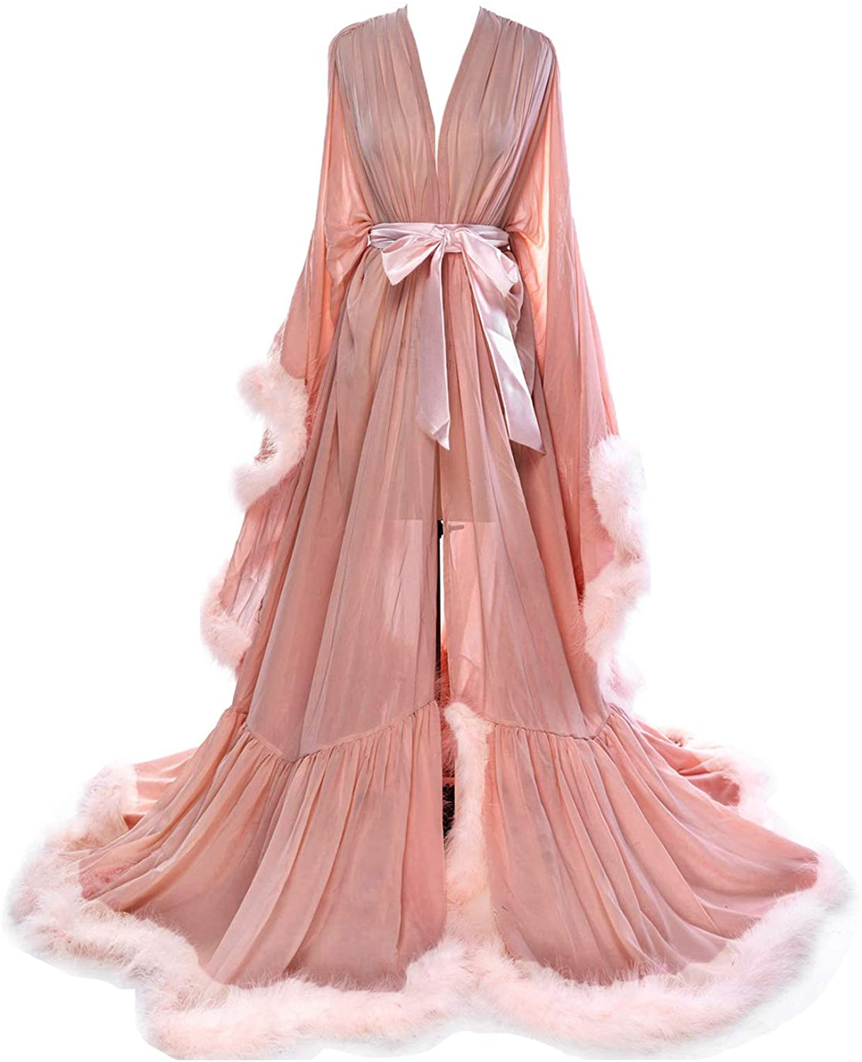 Molisa Women'S Sexy Feather Bridal Robe Long Wedding Scarf Illusion Bathrobe Sleepwear Lingerie Robe Nightgown Apparel & Accessories > Clothing > Sleepwear & Loungewear > Robes Molisa Dusty Rose+blush Large-X-Large 