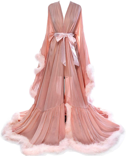 Molisa Women'S Sexy Feather Bridal Robe Long Wedding Scarf Illusion Bathrobe Sleepwear Lingerie Robe Nightgown Apparel & Accessories > Clothing > Sleepwear & Loungewear > Robes Molisa Dusty Rose+blush Large-X-Large 
