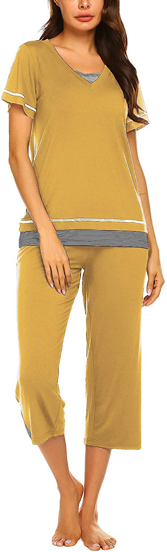 Ekouaer Women's Pajamas Set Soft V Neck Striped Sleepwear Top and Capri Pj Lounge Sets Apparel & Accessories > Clothing > Sleepwear & Loungewear > Pajamas Ekouaer Dark Yellow Small