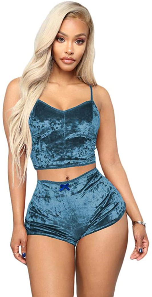 Women Sexy Velvet 2 Piece Outfit Spaghetti Strap Leopard Tie Dye Cami Crop Top + Shorts Bottom Sleepwear Pajama Set Nightwear Apparel & Accessories > Clothing > Sleepwear & Loungewear Kylie Max   