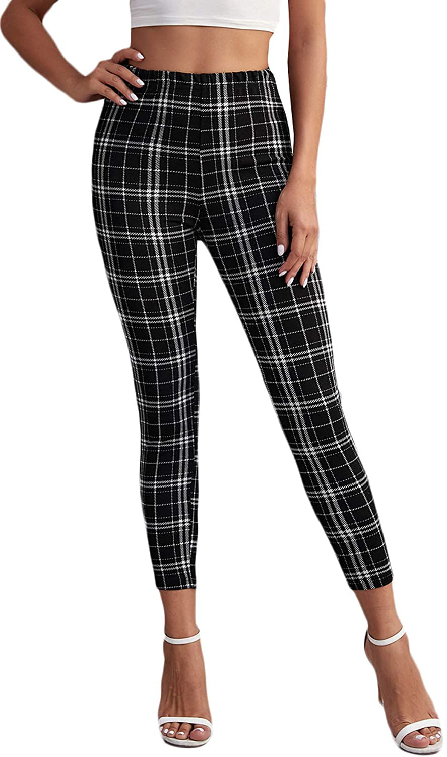 SweatyRocks Women's Casual Skinny Leggings Stretchy High Waisted Work Pants Apparel & Accessories > Clothing > Activewear SweatyRocks Crop Plaid Small 