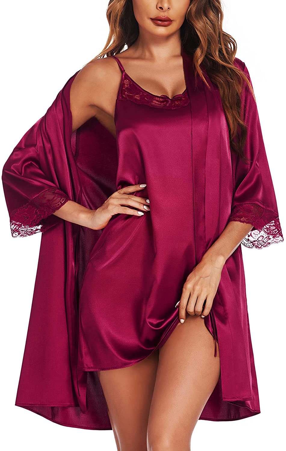 Ekouaer Satin Robes Set Women'S Silk Nightgown 2 Piece Sleepwear Sexy Lace Cami Nightwear Apparel & Accessories > Clothing > Sleepwear & Loungewear > Robes Ekouaer Wine Red XX-Large 