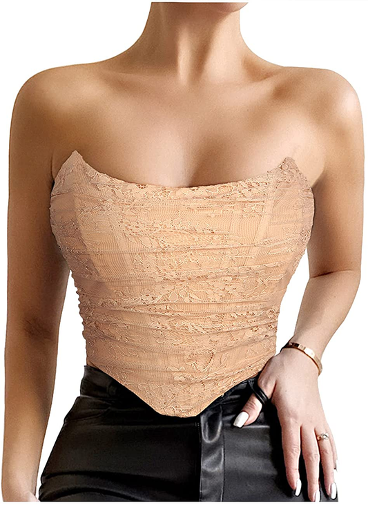 Junova Women'S Sexy Strapless Floral Lace Bustier Open Back Boned Corset Crop Top Apparel & Accessories > Clothing > Underwear & Socks > Lingerie Junova Apricot Medium 