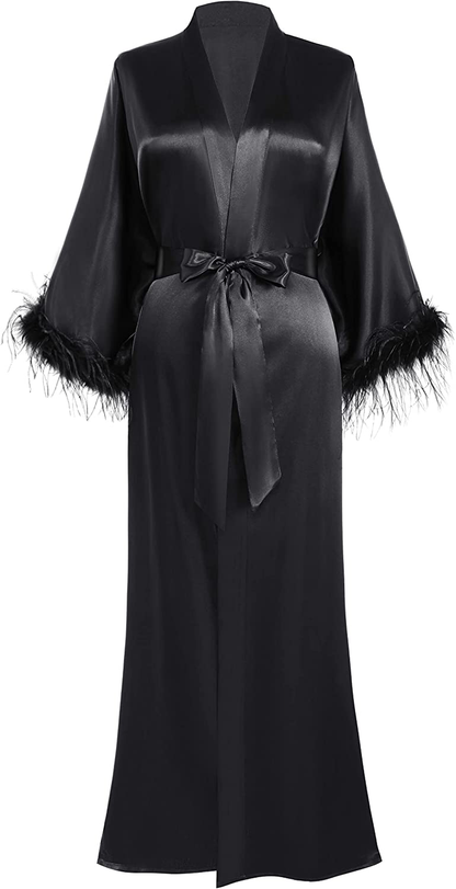 PRODESIGN Satin Kimono Robe Long Bath Robe with Ostrich Feather Trim Sleepwear Wedding Bridesmaid Robe Apparel & Accessories > Clothing > Sleepwear & Loungewear > Robes PRODESIGN Black One Size 