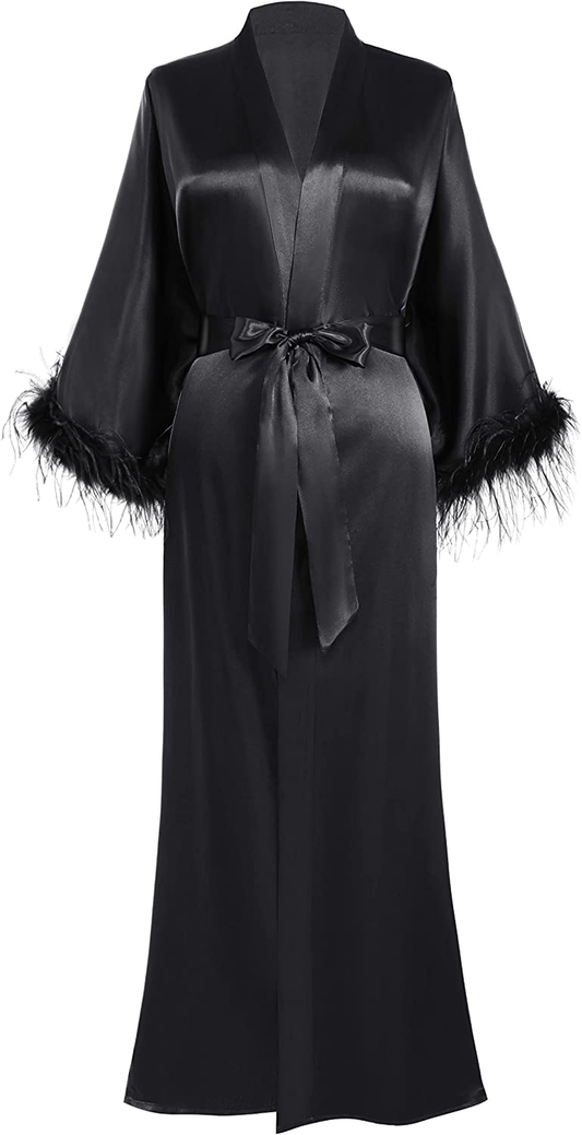 PRODESIGN Satin Kimono Robe Long Bath Robe with Ostrich Feather Trim Sleepwear Wedding Bridesmaid Robe Apparel & Accessories > Clothing > Sleepwear & Loungewear > Robes PRODESIGN Black One Size 