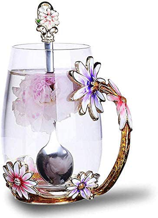 Luka Tech Enamels Butterfly flower Lead-free Glass Coffee Mugs Tea Cup with Steel Spoon, Best Birthday Gifts For Women Wife Mom Friends Mothers Valentines Day Christmas (Purple-Tall) Arts & Entertainment > Party & Celebration > Gift Giving Luka Tech Purple-Tall  