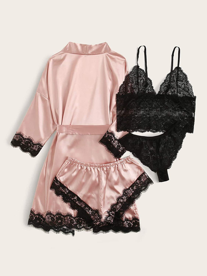WDIRARA Women'S 4 Pieces Satin Floral Lace Cami Top Lingerie Pajama Set with Robe Apparel & Accessories > Clothing > Underwear & Socks > Lingerie WDIRARA   
