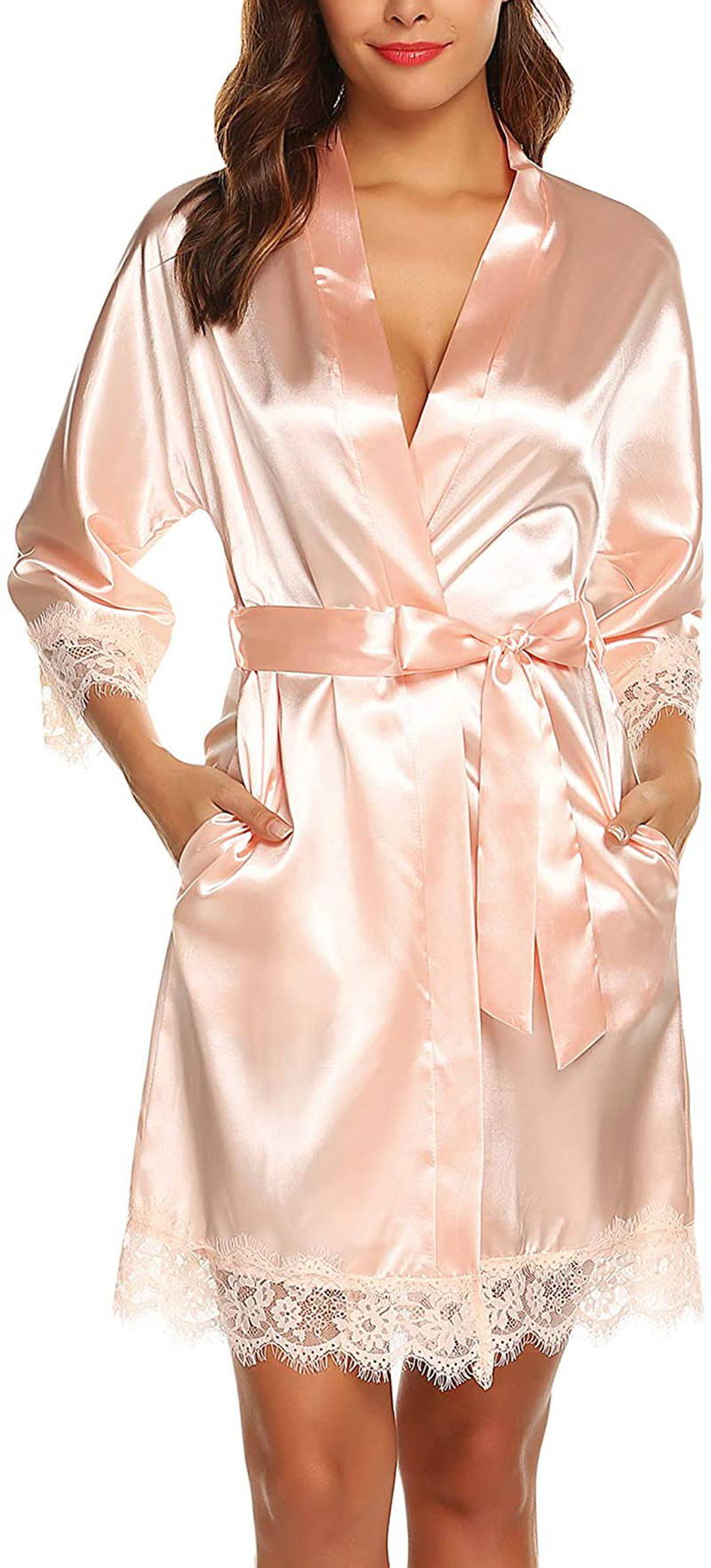 URRU Women'S Satin Silk Bathrobe Oblique V-Neck Short Kimono Robe Bridesmaids Robe S-XXXL Apparel & Accessories > Clothing > Sleepwear & Loungewear > Robes KYLIE MAX Champagne Pink Large 
