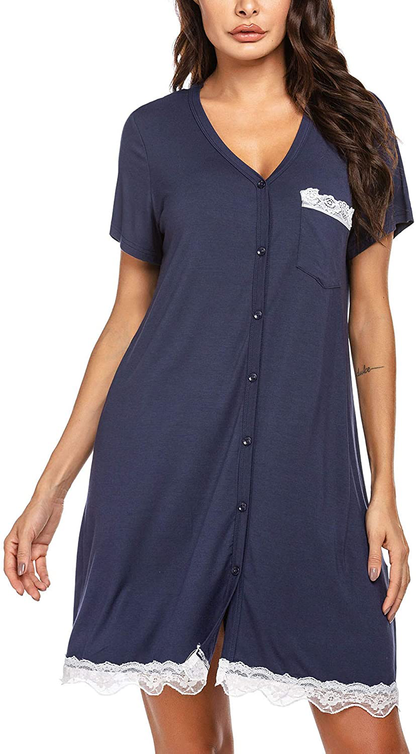 Ekouaer Women'S Nightgown Striped Tee Short Sleeve Cotton Sleep Nightshirt Button down Pajama Dress S-XXXL Apparel & Accessories > Clothing > Sleepwear & Loungewear > Nightgowns Kylie Max   