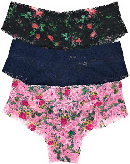 Victoria'S Secret the Lacie Cheeky Panty Set of 3 Apparel & Accessories > Clothing > Underwear & Socks > Underwear Victoria's Secret Black Floral / Navy / Light Pink Floral Large 