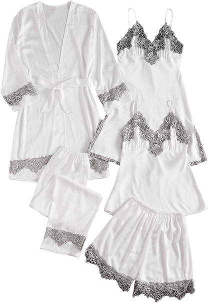 SOLY HUX Women'S Sleepwear 4Pcs Floral Print Satin Cami Pajama Set with Robe Apparel & Accessories > Clothing > Sleepwear & Loungewear Kylie Max   