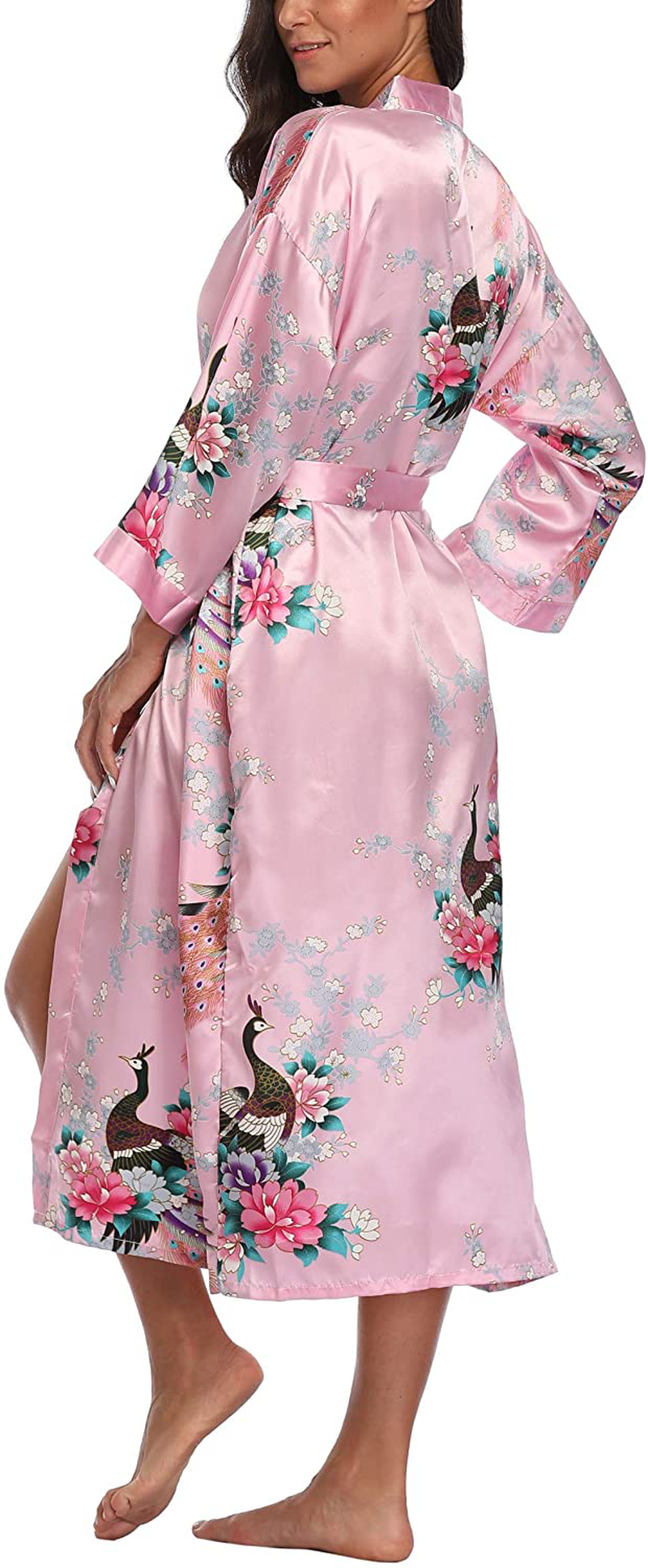 Witbuy Women'S Long Floral Kimono Robes for Party Satin Peacock Printed Bathrobe Silky Nightgown Lightweight Loungewear Apparel & Accessories > Clothing > Sleepwear & Loungewear > Robes WitBuy   