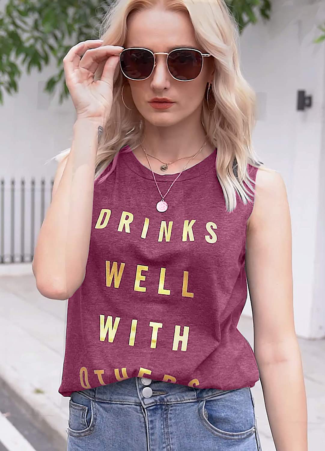 Drinks Well with Others Muscle Tank Tops Womens Funny Drinking Alcohol Sleeveless Letter Printed Graphic Tee Shirt Tops Apparel & Accessories > Clothing > Activewear Kylie Max   