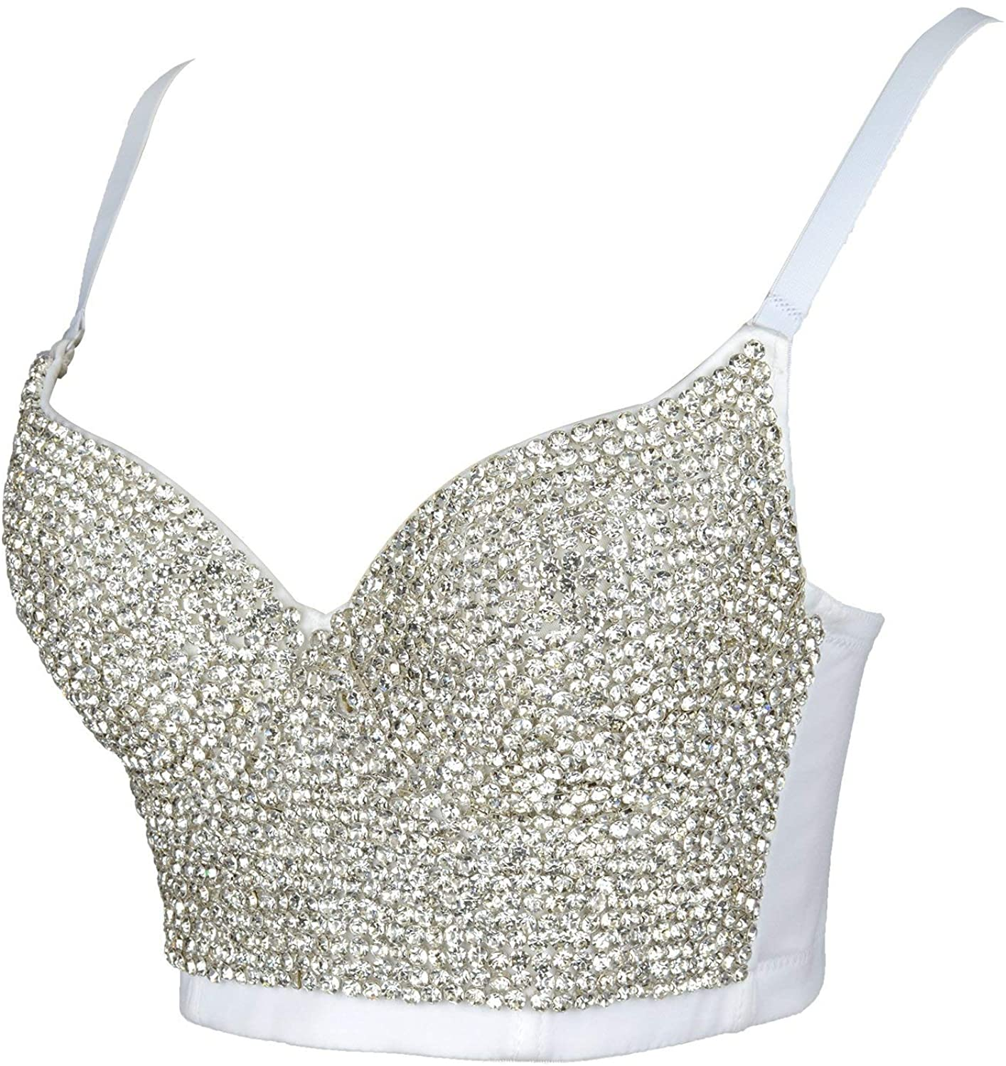 ELLACCI Women'S Handmade Rhinestone Diamond Push up Bustier Crop Top Sexy Punk Corset Bra White Apparel & Accessories > Clothing > Underwear & Socks > Lingerie ELLACCI   