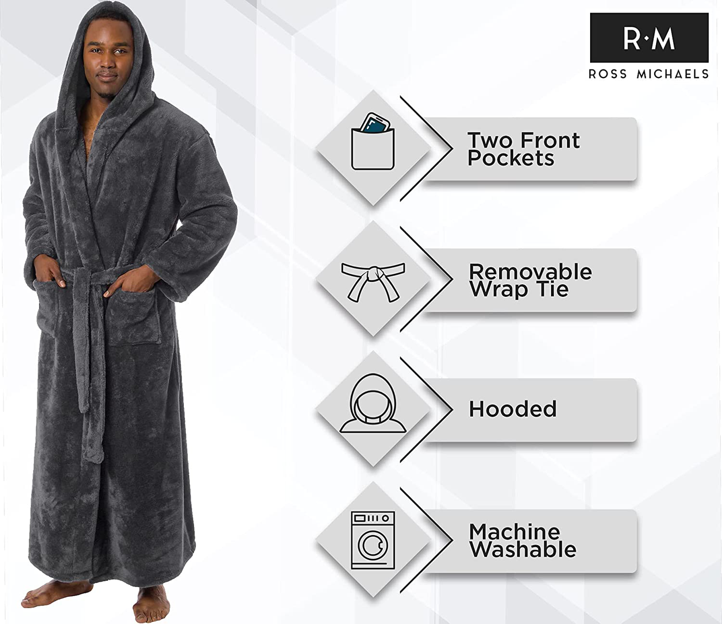 Ross Michaels Mens Robe Big & Tall with Hood - Long Plush 400GSM Luxury Fleece Bathrobe Apparel & Accessories > Clothing > Sleepwear & Loungewear > Robes Kylie Max   