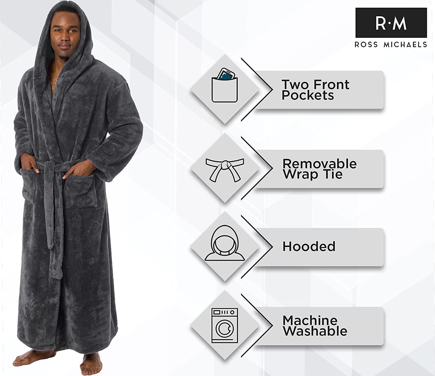 Ross Michaels Mens Robe Big & Tall with Hood - Long Plush 400GSM Luxury Fleece Bathrobe Apparel & Accessories > Clothing > Sleepwear & Loungewear > Robes Kylie Max   