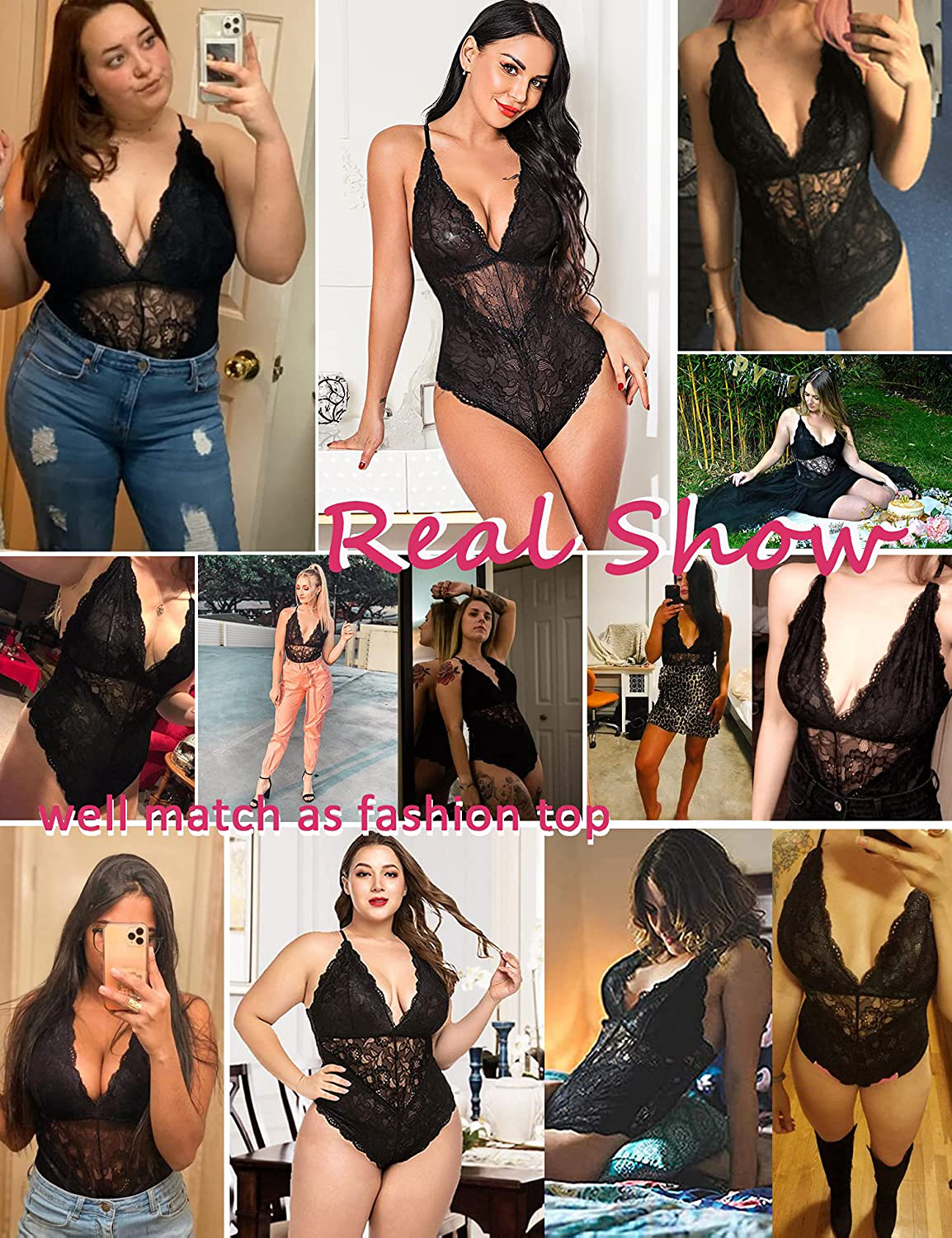 Avidlove Women Snap Crotch Lingerie Sexy Lace Bodysuit Deep V Teddy One Piece Lace Babydoll Apparel & Accessories > Clothing > Underwear & Socks > Lingerie Kylie Max   
