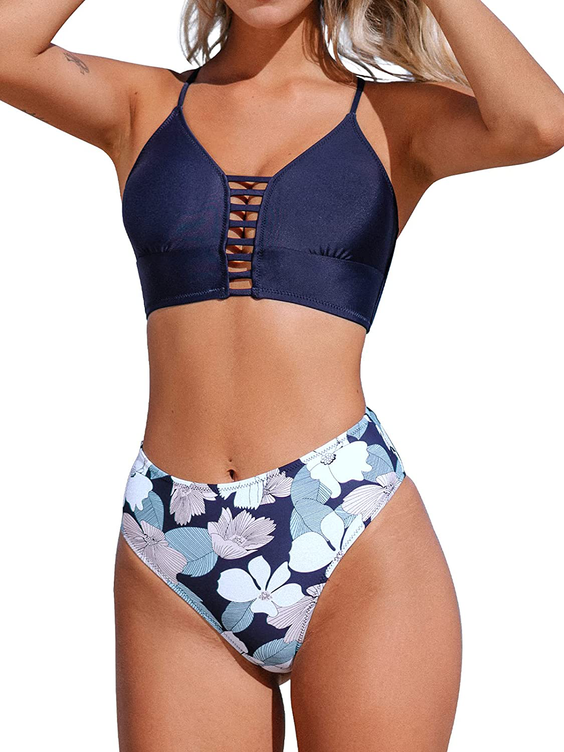CUPSHE Women’s Bikini Swimsuit Floral Print Lace Up Multi Color Strappy Two Piece Bathing Suit Apparel & Accessories > Clothing > Swimwear KYLIE MAX Navy Blue XX-Large 