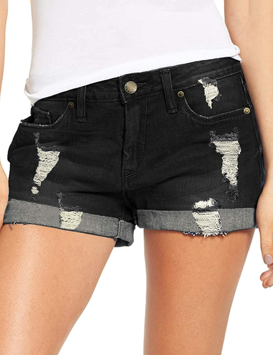 Luvamia Women'S Ripped Denim Jean Shorts High Waisted Stretchy Folded Hem Short Jeans Apparel & Accessories > Clothing > Shorts Kylie Max   