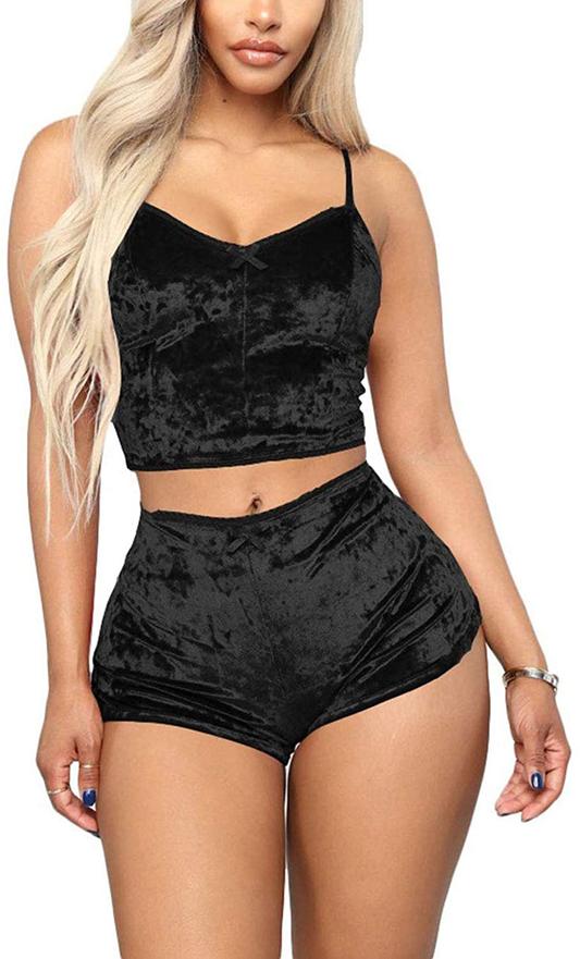 Springcmy Women'S Velvet 2PCS Outfits Spaghetti Strap Crop Top and Shorts Pajama Sets Pjs Lounge Wear Apparel & Accessories > Clothing > Sleepwear & Loungewear Kylie Max   