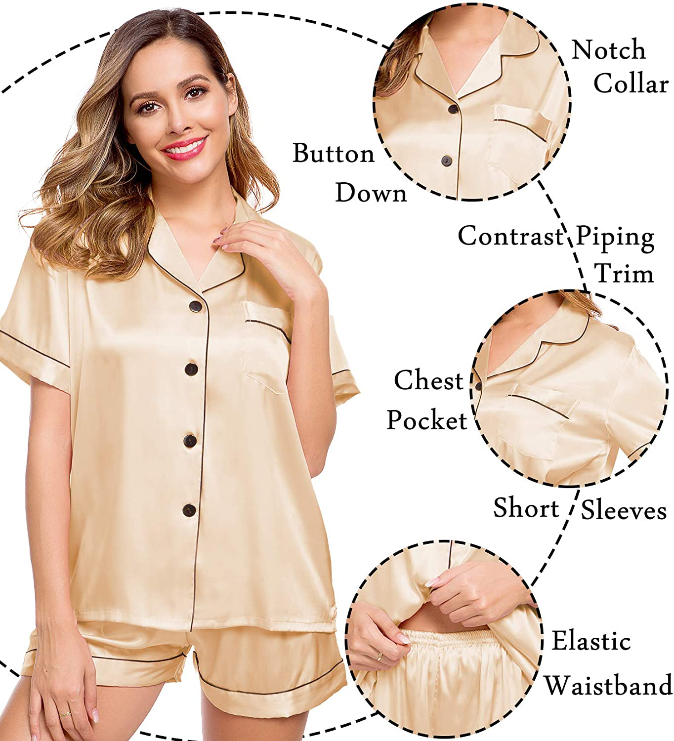 Lecgee Womens Silk Satin Pajamas Short Sleeve Loungewear Two-Piece Sleepwear Button-Down Pj Set Apparel & Accessories > Clothing > Sleepwear & Loungewear > Pajamas Kylie Max   