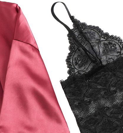 WDIRARA Women'S 4 Pieces Satin Floral Lace Cami Top Lingerie Pajama Set with Robe Apparel & Accessories > Clothing > Sleepwear & Loungewear Kylie Max   