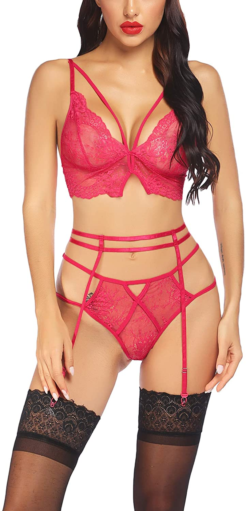 Avidlove Lingerie Set for Women Lace Lingerie with Garter Belts 3 Piece Strappy Bralette Set Apparel & Accessories > Clothing > Underwear & Socks > Lingerie Avidlove Rose Red X-Large 