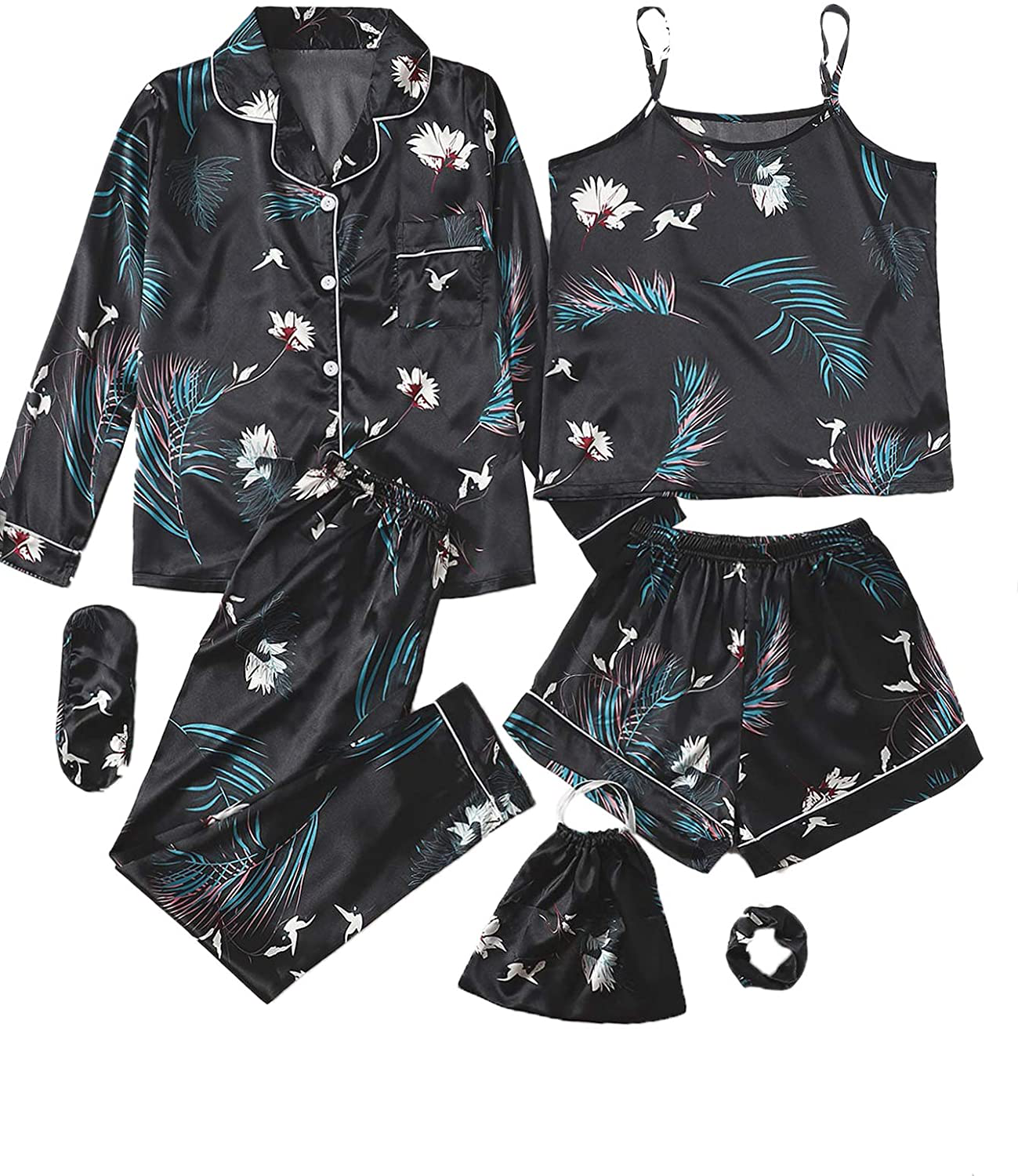 SheIn Women's 7pcs Pajama Set Cami Pjs with Shirt and Eye Mask Apparel & Accessories > Clothing > Sleepwear & Loungewear > Pajamas SheIn Black Plants Small 