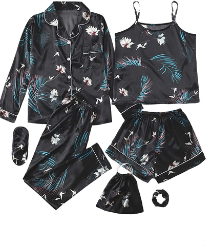 SheIn Women's 7pcs Pajama Set Cami Pjs with Shirt and Eye Mask Apparel & Accessories > Clothing > Sleepwear & Loungewear > Pajamas SheIn Black Plants Small 