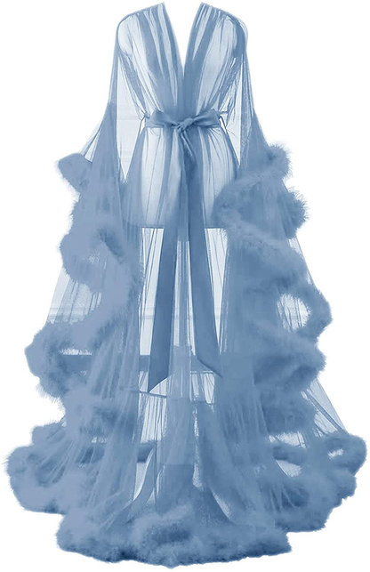 Changuan Sexy Illusion Long Lingerie Robe Nightgown Bathrobe Sleepwear Feather Bridal Robe Wedding Scarf Apparel & Accessories > Clothing > Sleepwear & Loungewear > Robes Changuan Dusty Blue 4X-Large 