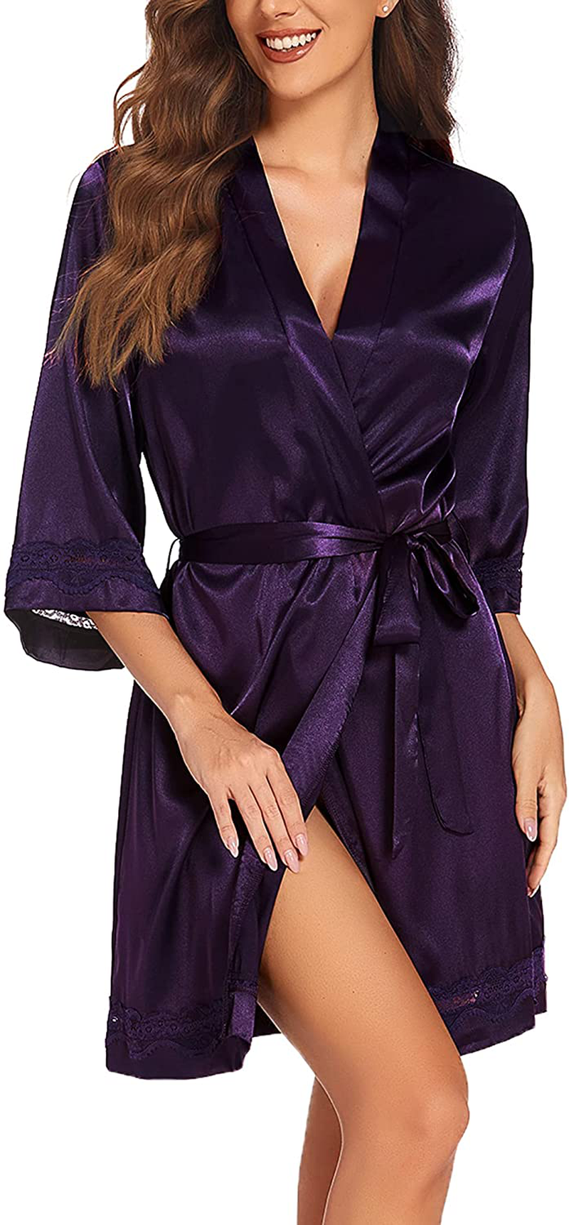 Ekouaer Women'S Lace-Trim Kimono Style Short Satin Robe Sleepwear with 3/4 Sleeve Apparel & Accessories > Clothing > Sleepwear & Loungewear > Robes Kylie Max   
