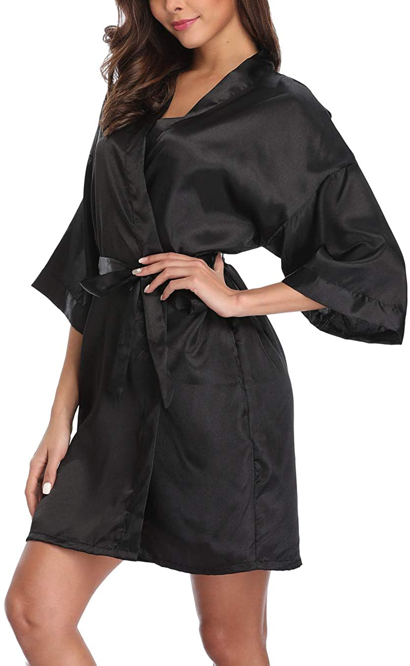 Old-Times Women'S Pure Color Silk Kimono Short Robes for Bridesmaids and Bride Apparel & Accessories > Clothing > Sleepwear & Loungewear > Robes Old-Times Black Small 