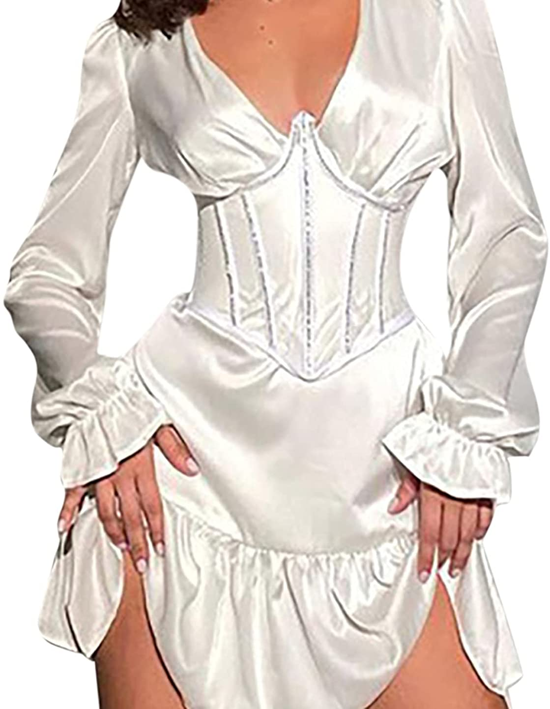 JUMISEE Women See through Mesh Lace up Bustier Corset Metal Chain Boned Overbust Waist Cincher Wide Belt Apparel & Accessories > Clothing > Underwear & Socks > Lingerie JUMISEE Rhinestones White Medium 