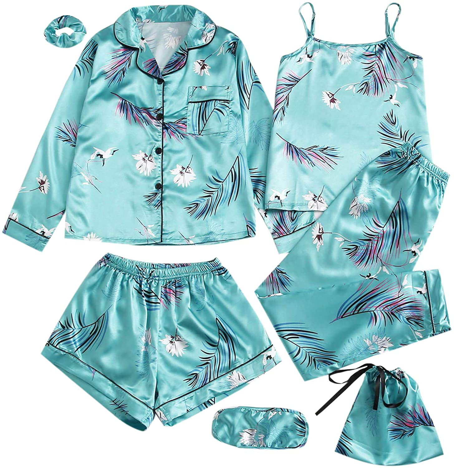 SheIn Women's 7pcs Pajama Set Cami Pjs with Shirt and Eye Mask Apparel & Accessories > Clothing > Sleepwear & Loungewear > Pajamas SheIn Mint Blue Medium 