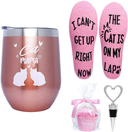 Valporia Retirement Gifts for Women 2021 Insulated Wine Tumbler with Sayings + If You Can Read This Socks + Wine Stopper for Women Birthday Gifts for Women Rose Gold Stainless Steel Xmas Gifts Arts & Entertainment > Party & Celebration > Gift Giving Valporia Rose gold set-cat mom  