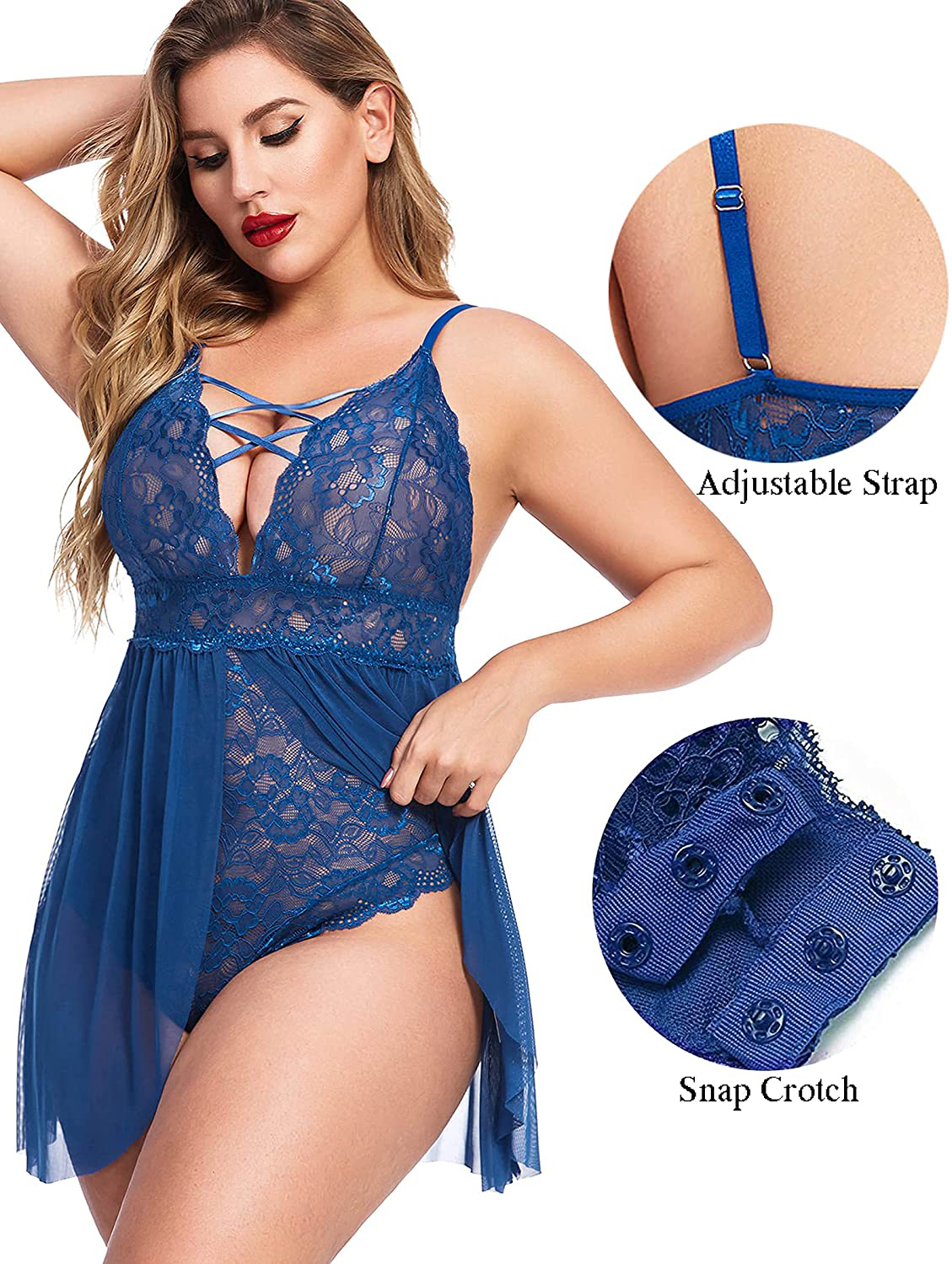 Avidlove plus Size Babydoll Womens Snap Crotch Lingerie V Neck Lace Nighty Mesh Sleepwear L-5XL Apparel & Accessories > Clothing > Underwear & Socks > Lingerie Kylie Max   