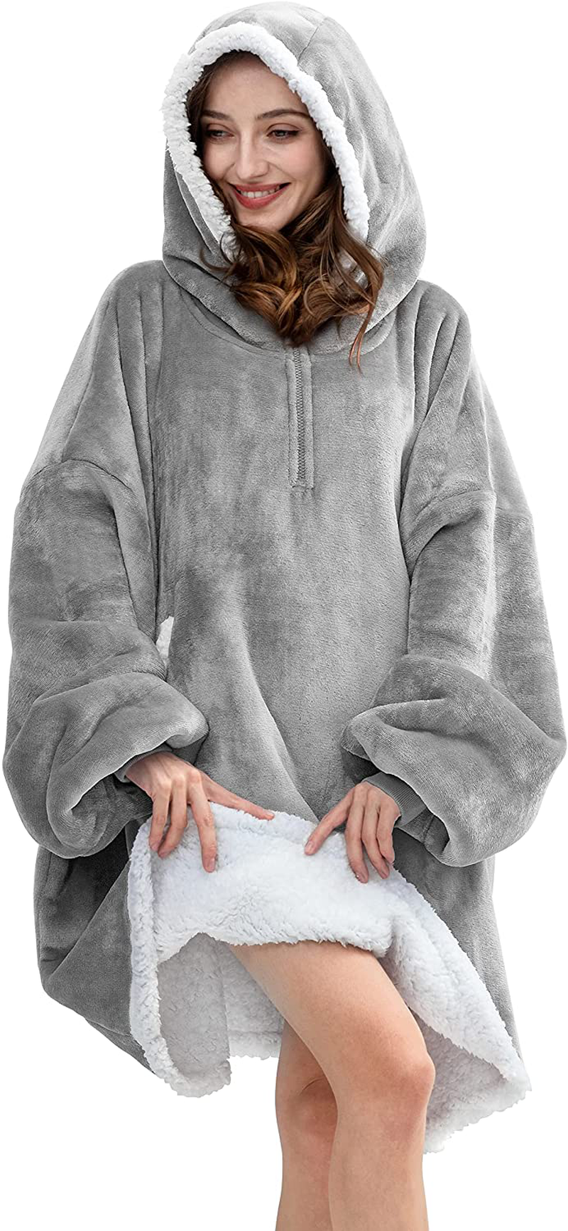 HBlife Oversized Long Wearable Blanket Hoodie for Adult, Thick Sherpa Sweatshirt with Elastic Sleeves and Giant Pockets Super Warm and Cozy Fuzzy Plush Fleece Blanket Jacket, Blue Arts & Entertainment > Party & Celebration > Gift Giving HBlife Light Grey Adult-Short 