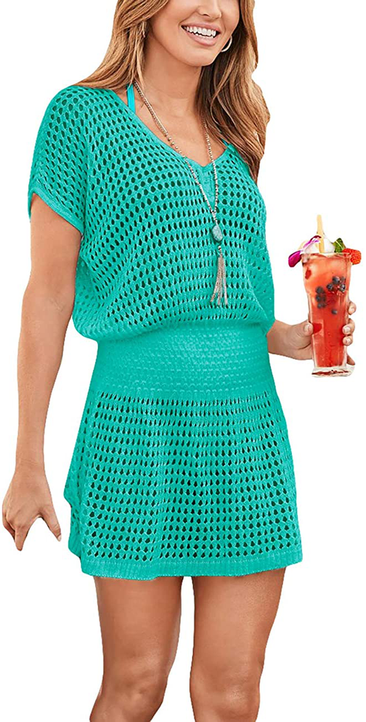 Bsubseach Women Crochet Hollow Out Swim Cover Ups Short Sleeve Beach Swimwear Tunic Dress Apparel & Accessories > Clothing > Swimwear Kylie Max   