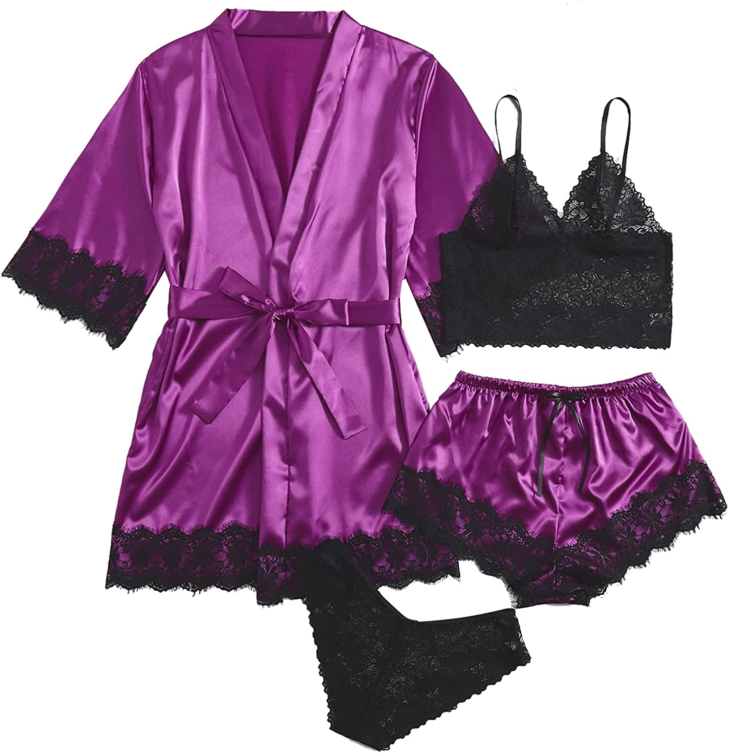 WDIRARA Women'S 4 Pieces Satin Floral Lace Cami Top Lingerie Pajama Set with Robe Apparel & Accessories > Clothing > Underwear & Socks > Lingerie WDIRARA Purple and Black Small 