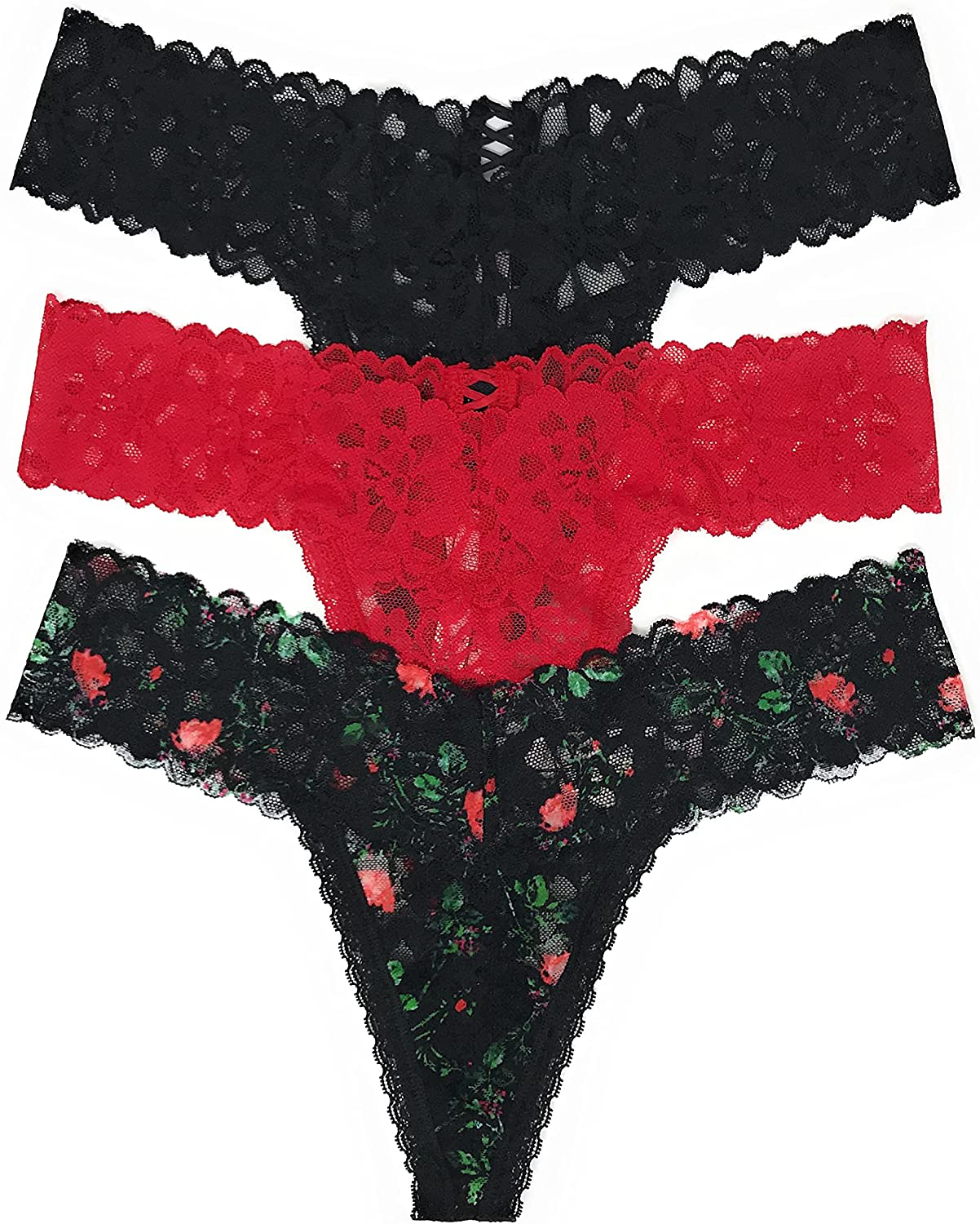 Victoria's Secret The Lacie Thong Panty Set of 3 Apparel & Accessories > Clothing > Underwear & Socks > Underwear Victoria's Secret Black Cross / Red Cross / Black Floral Medium 